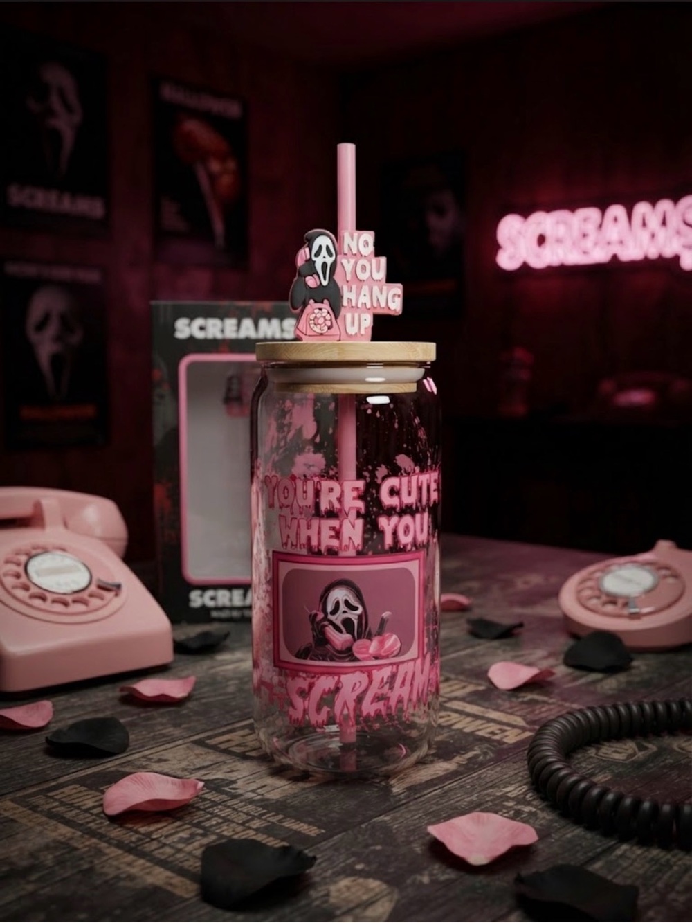 Custom made 20oz Pink 'You're Cute When You Scream' Drink Jar with Straw